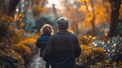 A Man and Child Walking Through Autumn Woods