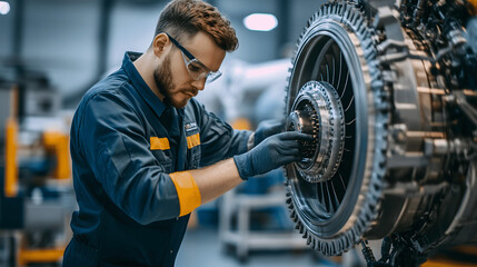 Aircraft maintenance technician inspecting engine parts in workshop
