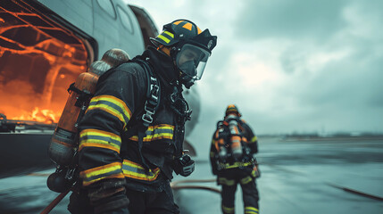 Fototapeta premium Aircraft rescue and firefighting training with firefighters practicing