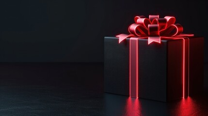 Black gift box with red neon glowing ribbon on black background