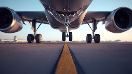 Close-up of airplane landing gear touching down on runway