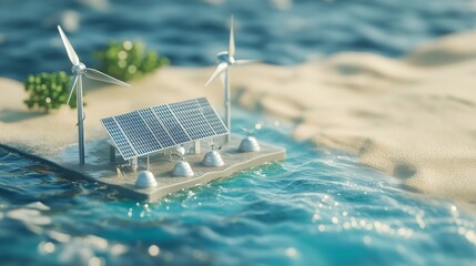 Obraz premium An illustration showcasing a small-scale model of sustainable power generation with two wind turbines and a solar panel, surrounded by water and greenery, symbolizing eco-friendly energy solutions