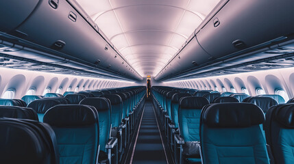 Fototapeta premium Economy class airplane interior with neat rows of seats