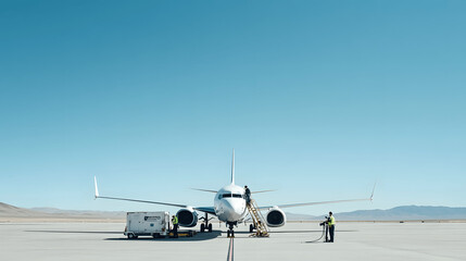 Ground crew refueling commercial airplane on tarmac with clear sky