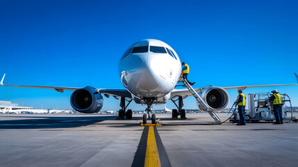 Ground crew refueling commercial airplane on tarmac with clear sky