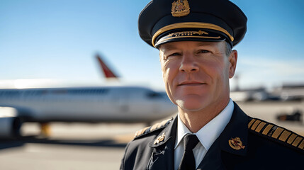 Headshot of pilot in uniform on tarmac with airplanes in background