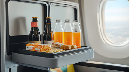 In-flight snack and beverage service with drinks and packaged snacks