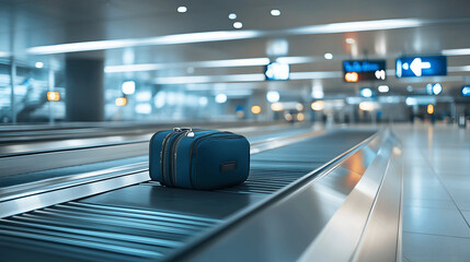 Luggage on baggage carousel in modern airport with clear signage