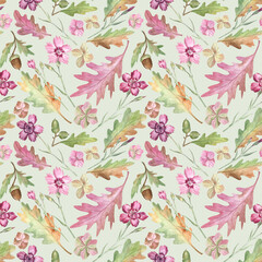 Autumn seamless pattern with green and pink oak leaves, acorns, maiden pink and hydrangea flowers. Watercolor illustration