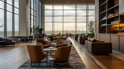 Premium airport lounge with comfortable chairs and stylish decor