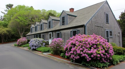 A coastal cottage is adorned with vibrant spring flowers, creating a picturesque view on a serene day