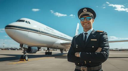 Pilot standing confidently in front of commercial airplane on tarmac