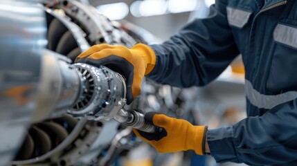 Close-up of a technician's hands working on a jet engine with precision tools, showcasing aviation maintenance and engineering skills.