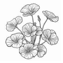 Detailed line drawing of a botanical plant with broad leaves and flower buds. Centella asiatica. Ayurveda. ayurvedic herbs. Generative AI