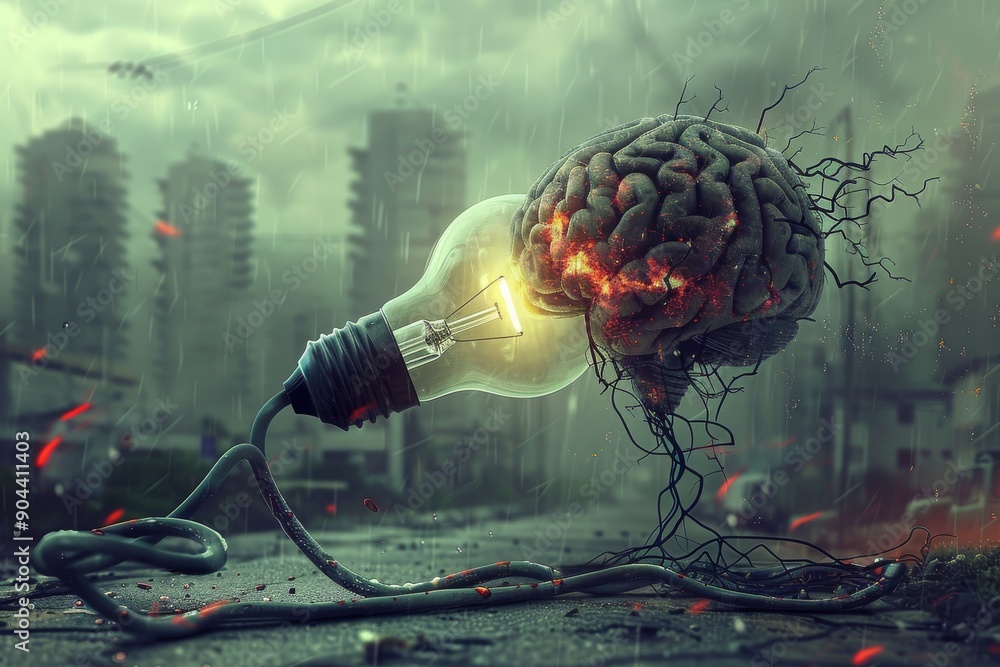 Poster brainstorming concept with brain in storm merging natural phenomena and cognitive processes.