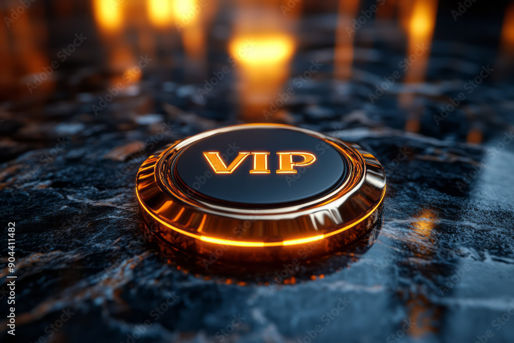 Poster elegant representation of a vip badge with a sleek, reflective surface, rotating slowly to catch the
