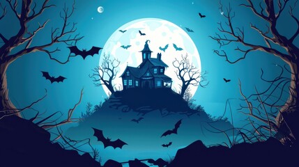 An old, spooky house on top of a hill with a full moon
