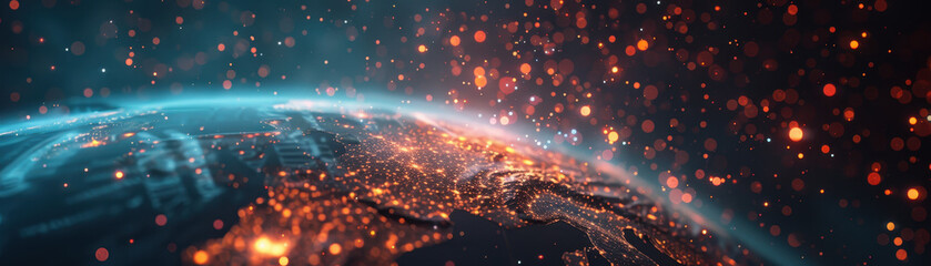 Fototapeta premium A planet with a bright orange sun in the background. The planet is lit up with a blue and red glow