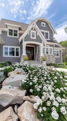 A coastal cottage is adorned with vibrant spring flowers, creating a picturesque view on a serene day