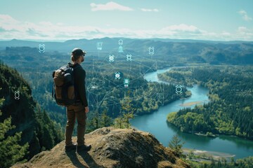 Hiker on mountain peak exploring digital interface, augmented reality hiking navigation, nature adventure technology