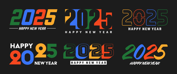 Fototapeta premium Set of 2025 Happy New Year greeting text designs. Christmas banner, poster, festive greeting card or seasonal promotion template. Collection of 2025 numbers with greetings. Vector illustration