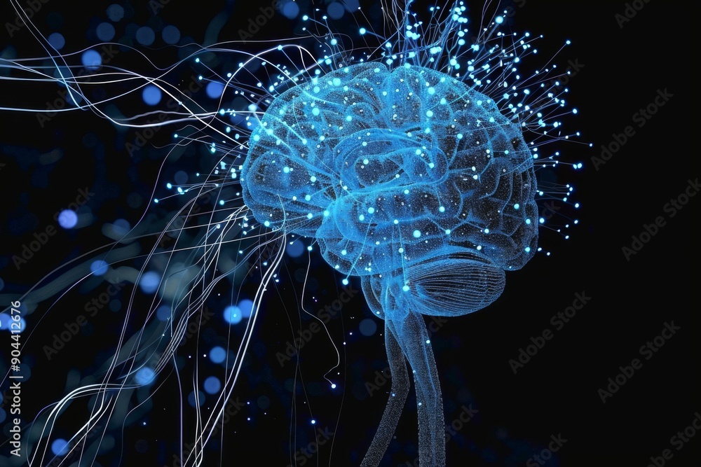 Poster transparent brain with network connections emphasizing the complexity and connectivity of the human 