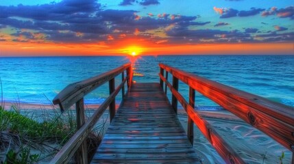 Obraz premium A wooden pathway leads to a beach, where the sun sets over the vast ocean and cloud-filled sky above the water