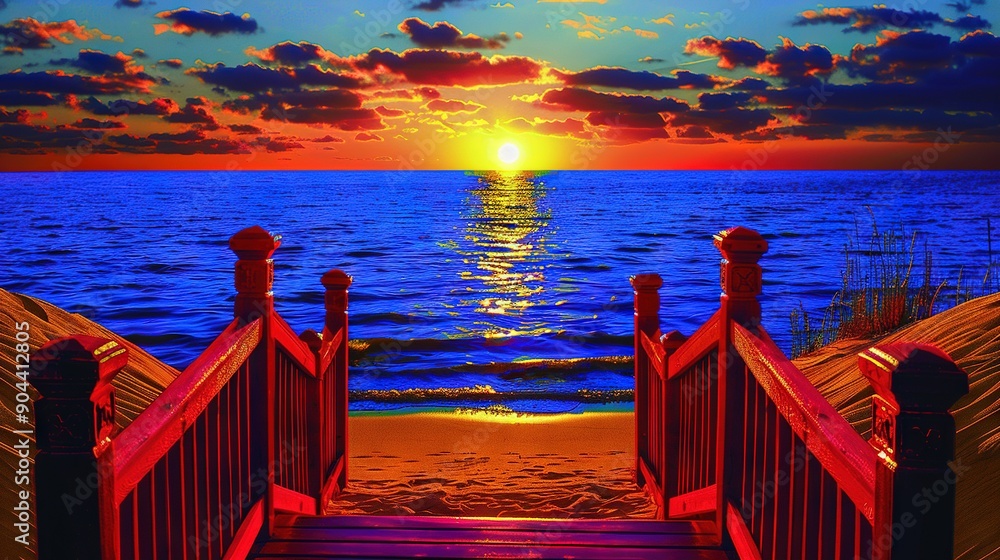 Poster   Sunset Beach Painting with Stairs and Pier