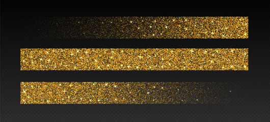 Gold glitter brush strokes, shimmer spray effect, luxury shimmery particles, festive holiday sparkles, shiny star dust lines isolated on a dark background. Christmas decoration. Vector illustration.