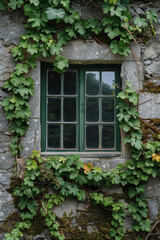 Old window with green ivy on the wall House in vintage style.
