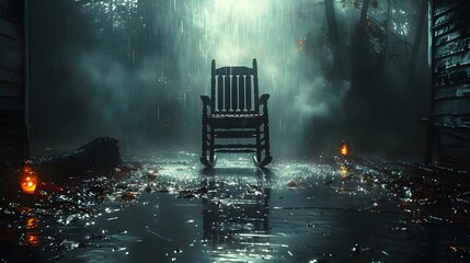 A rocking chair is sitting in a rain-soaked yard