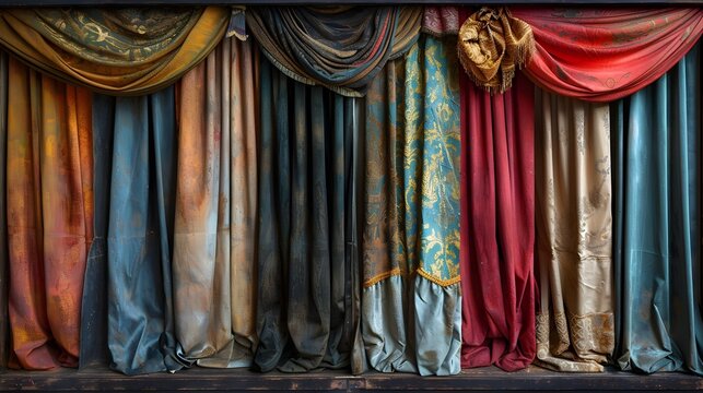A row of curtains with a variety of colors and patterns