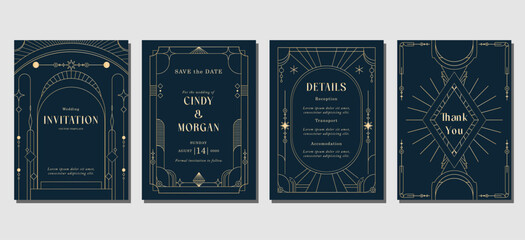 Set of Luxury Wedding Invitation art deco template with golden line, ornament, shapes, borders