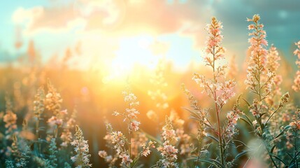   A field of wildflowers bathed in golden light filtering through soft clouds, captured by a skilled photographer's lens