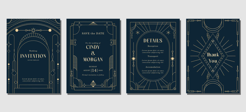 Set of Luxury Wedding Invitation art deco template with golden line, ornament, shapes, borders