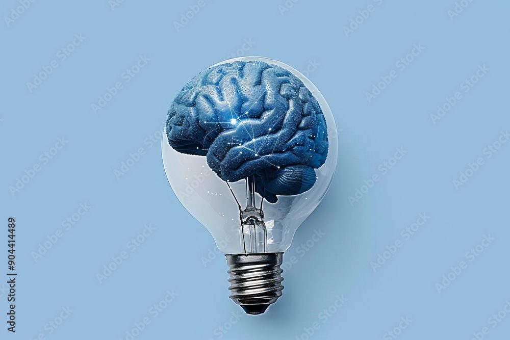 Poster minimalistic brain in lightbulb concept showcasing streamlined thought and energy efficient ideas.