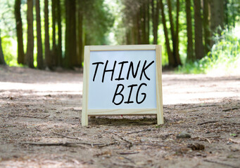 Think big symbol. Concept words Think Big on white chalk background. Beautiful forest background....