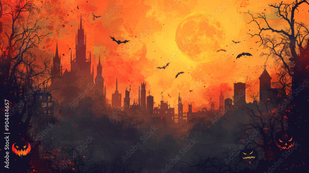 Poster happy halloween banner. a dark silhouette of a city against the backdrop of a burning sky and an ora