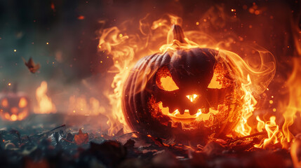 Naklejka premium Happy Halloween banner. Scary Halloween Pumpkins on Fire.