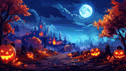 Naklejka premium Happy Halloween banner. Horrible Halloween pumpkins against the backdrop of an old creepy castle under a full moon.