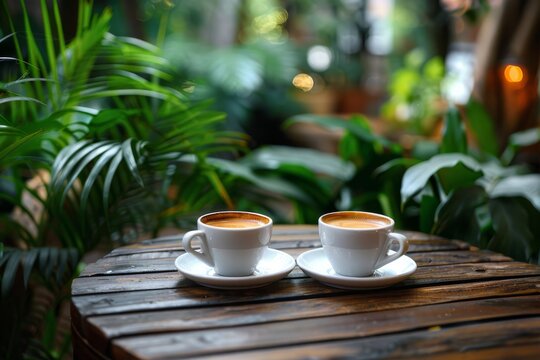 Two coffee cups on a wooden table, surrounded by greenery, creating a cozy cafelike atmosphere