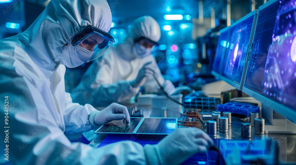 Aufkleber workers in clean suits handling sensitive components in a semiconductor fab