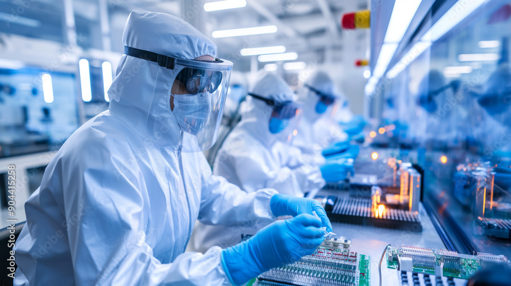 Aufkleber workers in clean suits handling sensitive components in a semiconductor fab