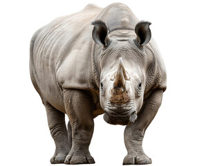 Obraz premium A majestic rhinoceros stands confidently, showcasing its impressive horn and sturdy physique against a clear background.