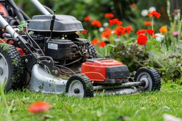 A lively garden teems with colorful flowers as a lawn mower skillfully navigates through vibrant greenery.