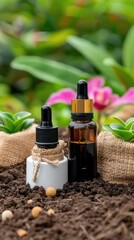 A glass dropper bottle rests among blooming white flowers and lush green leaves in freshly tilled garden soil, showcasing a vibrant spring atmosphere