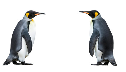 Fototapeta premium A pair of majestic emperor penguins standing side by side against a white or transparent background, showcasing their vibrant colors and unique features.