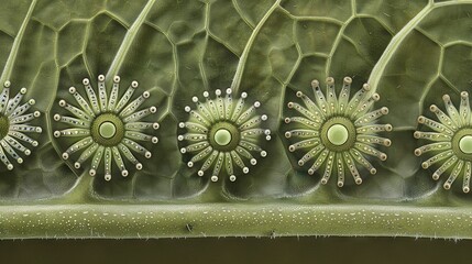   Close-up of a green plant with numerous small white dots at its center and two rows of smaller white dots on the top