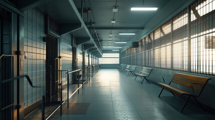 Empty prison corridor with cell doors, barred windows, and benches, illuminated by ceiling lights, with a calm ambiance.