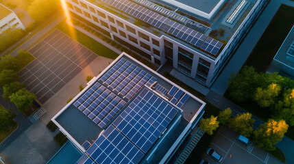 An aerial view of a high-tech data center with solar panels and green roofing